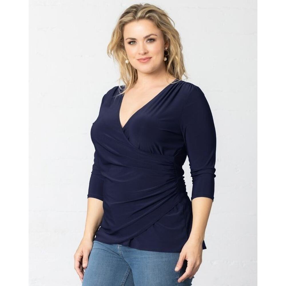 Kiyonna Top 2X Femme Fatale Faux Wrap Navy Blue Sexy Stretch Feminine Packable